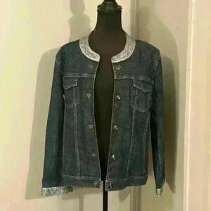J.Jill Women’s Embellished Collar and Cuff Denim Jacket Medium Dark Wash